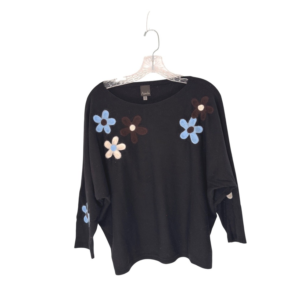 Aaeda Sweater Black Felt Flowers Stretch Knit Cozy Soft Basic Casual XL